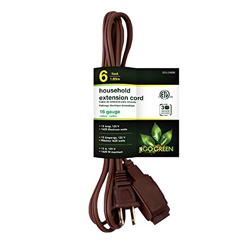 Go Green Power Inc. 16/2 6ft Household Extension Cord with 3 Outlets Brown - Discreet Kink-Free Child Safety Covers for Extra Protection - Perfect for Daily Use - GG-24806