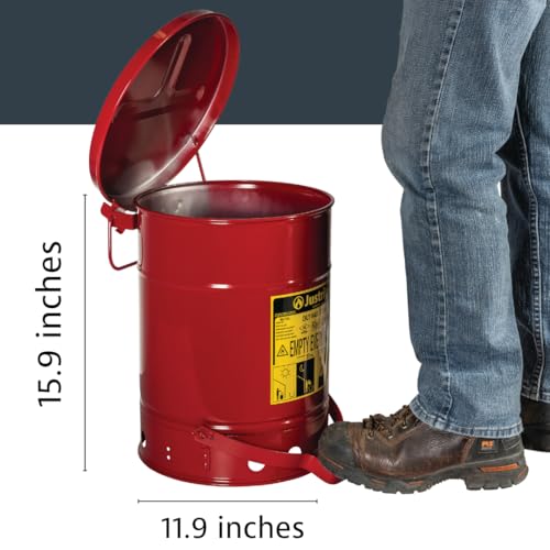 Justrite 6 Gallon Galvanized Steel Oily Waste Can, 16" x 12" Metal Oil Rag Safety Can With Foot Operated Self-Closing Lid for Oil Rag Disposal, Made in the USA, Red, 09100 - Thumbnail 2