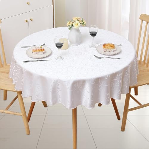 Trimming Shop 120" Round Tablecloth Damask Circular Table Cover Wrinkle Free Washable Polyester Table Cloth for Home Dining Party Restaurant Wedding Banquet Party Table Decoration, White, 1pc