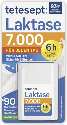 tetesept Laktase 7.000 – Laktasetabletten bei Laktoseunverträglichkeit – Nahrungsergänzungsmittel mit Sofortwirkung & 5h Langzeit-Depot – 1 Dose à 90 Stück