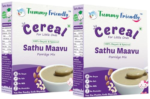 Image of TummyFriendly Foods Certified Organic Sprouted Sathu Maavu Porridge Mix. Made of Sprouted Ragi, Whole Grains, Pulses & Nuts. Organic Baby Food For 8+ Months Baby. Shelf-life 9 month-200g, 2 Packs