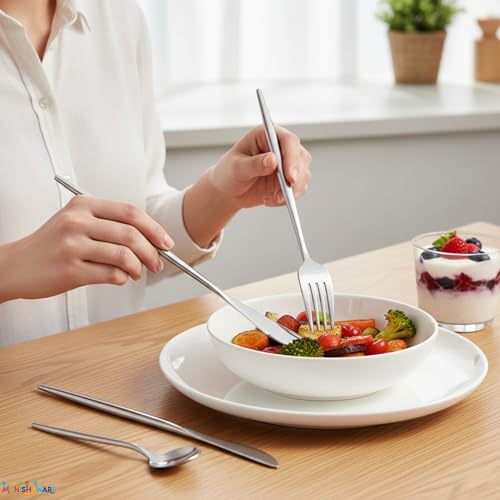 Image of Slim Handle Silver 16 Pcs Stainless Steel Cutlery Set for Dining Table, Dishwasher Safe Glossy Flatware (4 Spoon Set + 4 Forks Set + 4 Butter Knife + 4 Dessert Spoon)