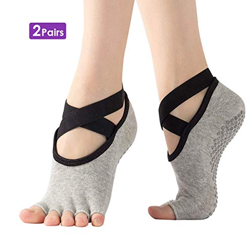 ROSEBEAR Women Non-slip Grip Straps Half-Toe Yoga Socks Five Toes Cotton Socks for Pilates, Pure Barre, Ballet, Dance, Barefoot Workout (Light Grey / 2Pairs)