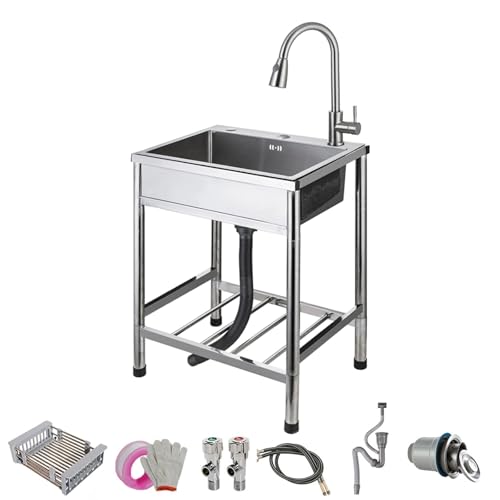 Fregadero Portatil, Fregadero Exterior Jardin de Acero Inoxidable, de Libre Instalación, con Grifo y Patas, Ideal para Garaje, Restaurante, Cocina y Lavandería(69x46x80cm/27x18x31in)