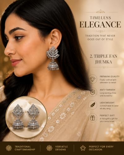Image of Mirakii Jewels 16 jhumka Earrings with premium box Earrings Combo for Women & Girls | Traditional Oxidized Silver & Gold Plated Ethnic Earring Set | Multi-Design Jhumki Collection with Premium Gift Box | 16 pair jhumka box