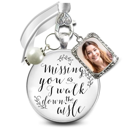 Memorial Wedding Bouquet Charm Missing You As I Walk Down Aisle Honor Anyone 1 Photo Frame Wedding Remembrance Silvertone White Glass Pendant White Bead for Bride Flowers Picture DIY Template