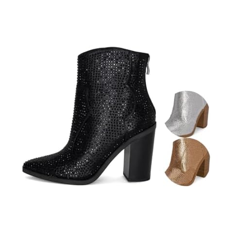 Chariot & Co: Wyatt- Womens Rhinestone Western Cowboy Sparkly Booties Zipper Stacked Block Heel Boots (Black, US Footwear Size System, Adult, Women, Numeric, Medium, 12) Cover