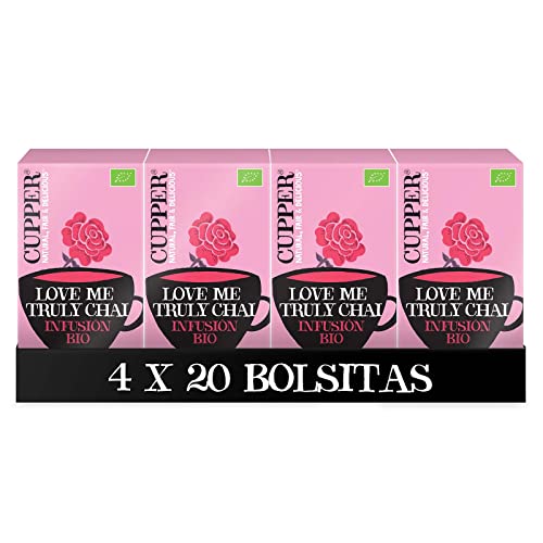 Cupper - Pack de 4 Cajas de 20 Bolsitas de Infusiones Ecológicas Love Me Truly - Propiedades Digestivas - Contiene Canela, Jengibre, Raíz de Regaliz y Clavo - Apto para Veganos