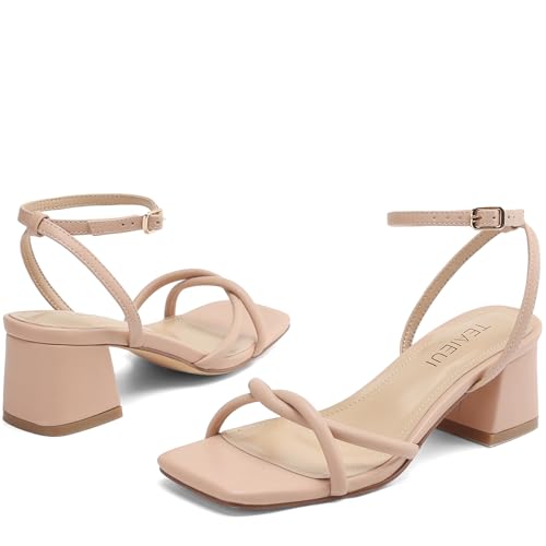 Image of TEAIEUI Chunky Heels for Women, Square Open Toe Heeled Sandals, Strappy Ankle Strap Shoes for Dress, Party, Prom, Block Low Heel 2 inch