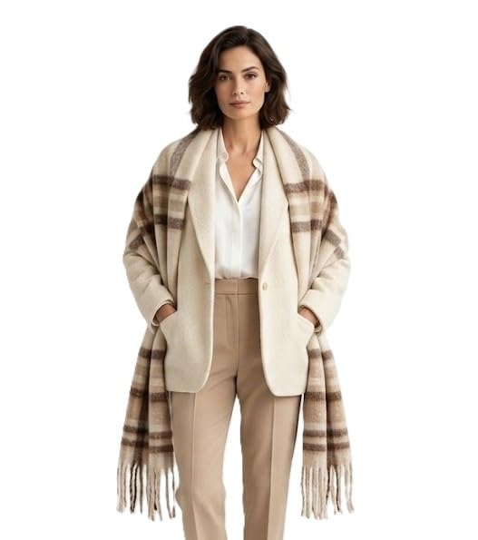 Winter Beige & Brown Checked Blanket Feel Thick Scarf With Long Fringe Warm Long Scarves Cum Stoles Woolen Women Casual Scarf Soft Wrap for Casual Formal Occassions- 200CM*50 CM-image-27