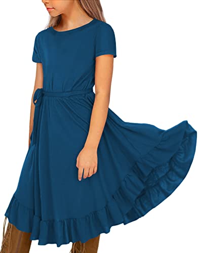 KYMIDY Girls Short Sleeve Swing Dress Kids Ruffle Loose Casual Twirl Belted Dresses with Pockets for Girls 6-12 Years