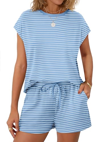 Image of WIHOLL Two Piece Sets for Women Summer Crew Neck Lounge Short Sets Cap Sleeve Drawstring Sweatsuit with Pocket