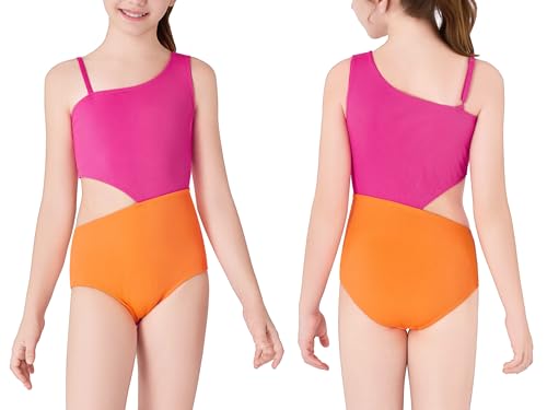 Image of Dvenki Big Girls Asymmetric Cutout Swimsuit Adjustable Straps Sizes 6X-16 | color block, leopard, tropical prints, front lined swimwear, removable pads, suitable for beach, vacation, pool play