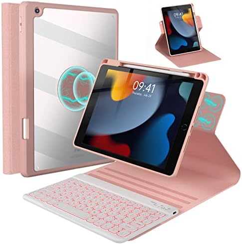 Keyboard Case for iPad 9th/8th/7th Generation 10.2 Inch,360° Rotatable Magnetic Keyboard Case with Pencil Holder Grooves Design(2021/2020/2019),7 Color Backlit Detachable Wireless Keyboard (Pink)
