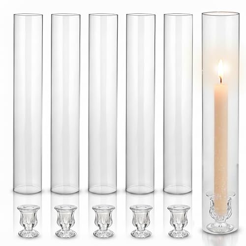 CHILL RECIPE Hurricane Glass Candle Holders-Set of 6 Tall Taper Candle Holder with 12” Tall Clear Cylinder Covers for Wedding Table Centerpiece Home Decor (Floral Base+Clear Chimney)