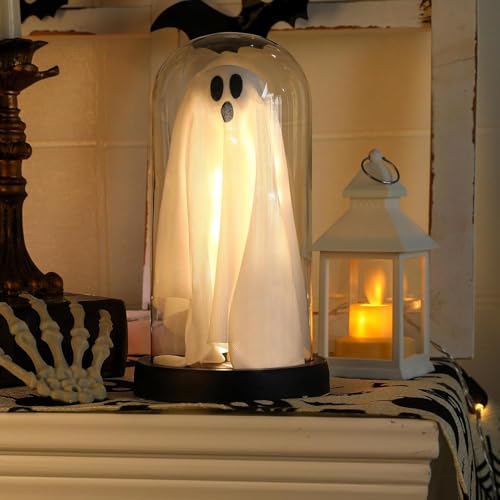Halloween Light Up Ghost in Glass Cloche, Adopt A Ghost in a Jar, Halloween Ghost Indoor Decorations, Cute Ghost with Light for Home Kitchen Mantel Tabletop Decor (1)