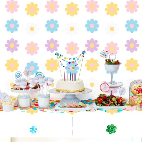 Image of Pasimy 8 Pcs Daisy Boho Party Decorations Groovy Daisy Paper Garlands White Flower Hanging Garland Banner Hippie Flower Cutouts for Birthday Shower Wedding Retro Party Favor(Fashion,Pastel)
