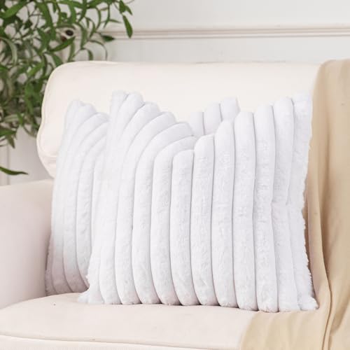 NiNi ALL Faux Fur Plush Throw Pillow Covers White 24x24 Inch Set of 2 Decorative Soft Plush Striped Couch Pillow Cover for Sofa Cushion Cases for Couch Bed Home Decor