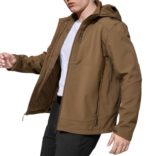 Image of Men's Military Tactical SoftShell Jacket Fleece Lined | Lightweight,Waterproof,Windproof,Multi-pockets,Adjustable Hood for Work,Hiking,Snow,Ski