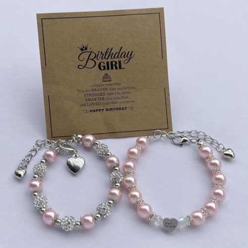 Image of DOLON 2 Pcs Imitation Pink Pearls Crystal Beads Heart Charm Bracelets Gift for Granddaughter,Sister,Daughter with Graduation Birthday Christmas First Day Wish Card
