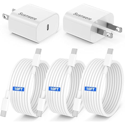 Susnwere Genuine 20w USB C Charger Block For Extra Long For iPhone 15 16 Charger 10Ft,2-Pack Authentic 20W Fast Wall Charger For 15/15 Pro/Pro Max/iPad Pro AirPods/Samsung,with 3 Pack 10ft USB-C Cable Cover