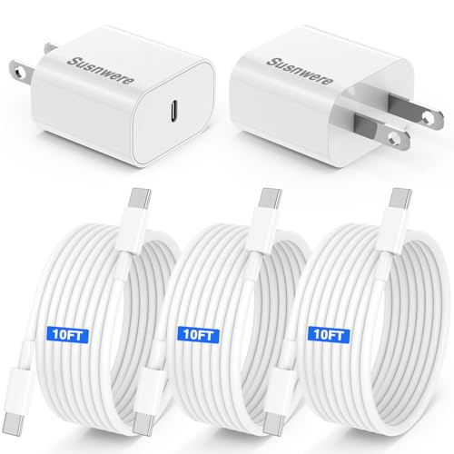 Susnwere iPhone 15 Charger 10 Ft with 20w USB C Charger Block,2-Pack 20W Fast Wall Charger for 15/15 Pro/Pro Max/iPad Pro AirPods/Samsung and More, with 2 Pack 10ft USB-C Cable, White