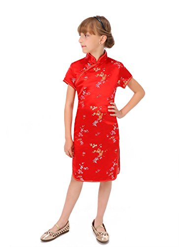 Girl's Blossom and Leaves Red Qipao Chinese Dress3