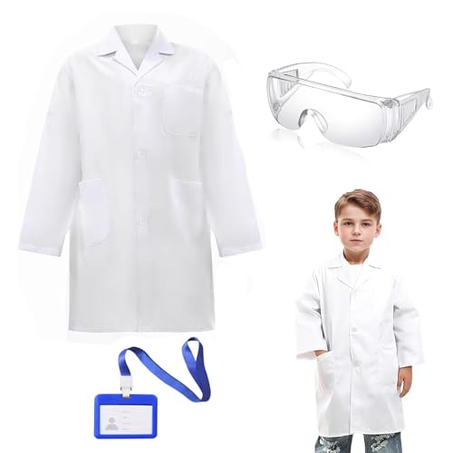 KAYEF disfraz medico, 3 piezas bata blanca, bata de laboratorio con identificacion, disfraz de cientifico bata de laboratorio para juego de rol de laboratorio