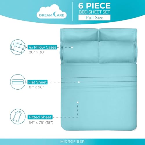 Image of DREAMCARE Full Size Sheets - 6 pcs Breathable Cooling Sheets Full Size Bed | up to 15 inch Deep Pocket Full Sheet Set with Side Pockets - Extra Soft Full Size Bed Sheets - Hotel Luxury Bed Sheets -SpaBlue
