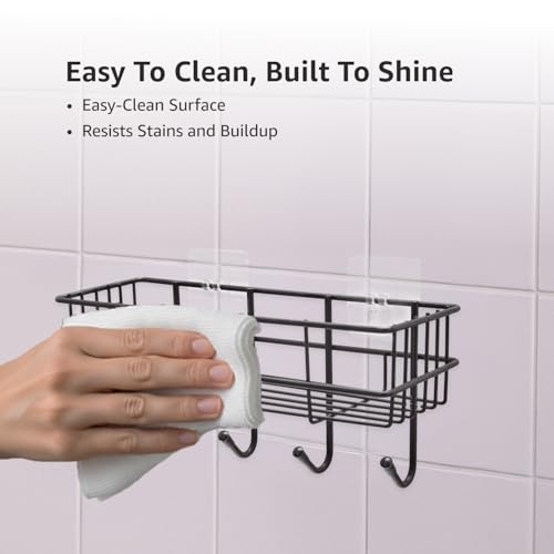 Image of Amazon Basics Self-Adhesive Wall Shelf - No-Drill Multipurpose Bathroom /Kitchen Organizer with Hooks and Towel Holder, Rust Proof GI Steel Organizer | Black, 28.2 x 9.8 x 11.5 cm, Pack of 4