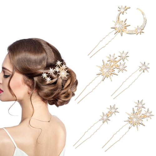 GEEHUA 5 fermagli per capelli con strass, stella e luna, cristalli scintillanti per capelli da sposa, stella, luna, matrimonio, accessorio per capelli per donne e ragazze (oro)