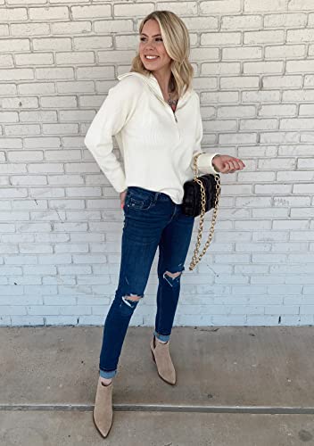 Btfbm Women’s Casual Long Sleeve Half Zip Pullover Sweaters Solid V Neck Collar Ribbed Knitted Loose Slouchy Jumper Tops(Solid White, Medium) #TOP2
