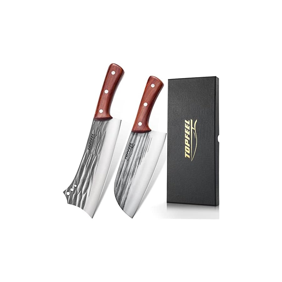 Topfeel-2-pcs-Meat-Cleaver-Heavy-Duty-Bone-Chopper-Knife-Set-Hand-Forged-German-High-Carbon-Stainless-Steel-Butcher-Knife-for-Home-Kitchen-Outdoor Topfeel 2PCS Meat Cleaver & Heavy Duty Bone Chopper Knife Set, Hand Forged German High Carbon Stainless Steel Butcher Knife for Home Kitchen & Outdoor