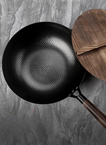 Carbon Steel Wok Pan - 13” Wok Pan With Lid,Forge Iron Pot， Woks & Stir-Fry Pans, No Chemical Coated Chinese Wok With 4 Cookware Accessories Flat Bottom Wok For Electric, Gas, All Stoves (13-Inch) #TOP2