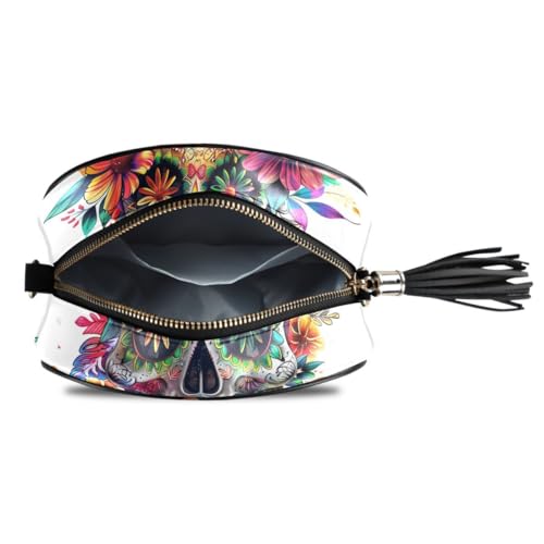 Image of ALAZA Women's Colorful Human Skull Mexican Floral Tattoo PU Leather Crossbody Bag Shoulder Purse with Tassel