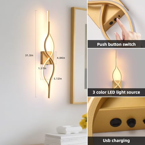 Image of Battery Operated Wall Sconces Set of 2, Gold 31.4'' LED Dimmable Wall Sconce with Remote Control, Adjustable Color Temperature Brightness for Living Room Bedroom and Hallway USB Rechargeable Lighting