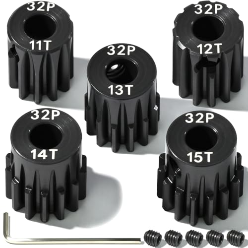 5Pcs 32P Hardened Steel Pinion Gear Set 5mm Shaft 11T 12T 13T 14T 15T Motor Pinion Gear with M4 Screw and Hex Key, for Arrma HPI Kyosho Losi Axial Traxxas Tamiya 1/10 RC Car and 540/550 Motors