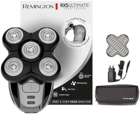Remington RX5 Ultimate Series Head Shaver, Hair Clipper, Cordless Bald Shaver, 5 Heads, Flexible, 100% Waterproof, Toiletry Bag, Black - XR1501