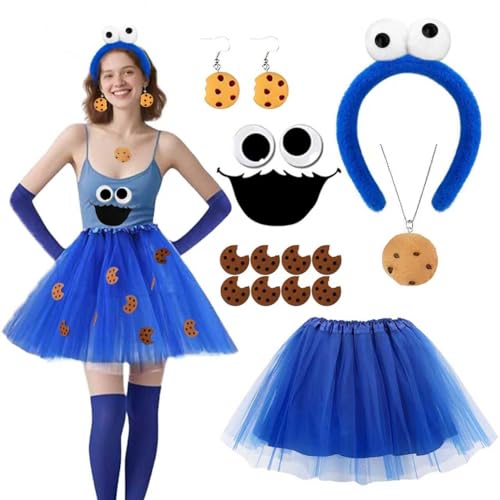 YeahBoom Costume Cookie Monster pour Femme, Jupe Tulle Bleu, Serre-tête de monstre,Cookie Boucles d'Oreilles Collier, Autocollant, Monster Costume Accessoire...
