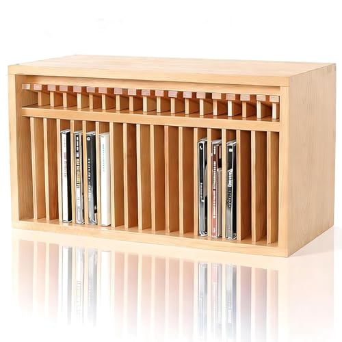 CD Storage Rack, Wooden CD Holder Organizer for 19 Standard Cases, DVD & CD Display Box, Pine Wood, Compact Design for Home and Office