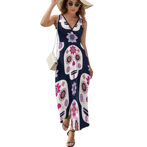 Robe de plage maxi col V à motif crâne de fleur pour vos soirées d'été décontractées
