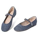 NIZOWI Women's Mary Jane Flats Soft Leather Ballet Flats with Ankle Strap,Comfortable Dressy Slip on Mary Jane Shoes Women,Denim,8