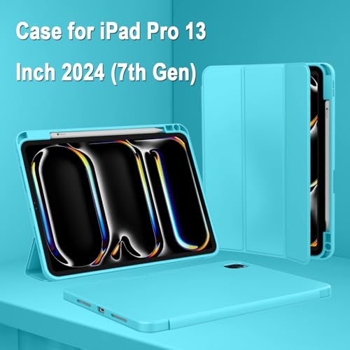 Image of ZryXal New iPad Pro 13 Inch Case (M5) 2025 / (M4) 2024 with Pencil Holder, Smart iPad Case [Support Pencil Pro and Pencil (USB-C)], Support Touch ID and Auto Wake /Sleep (Cyan)