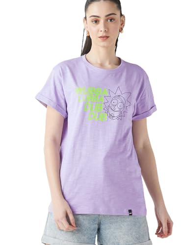 Image of Bewakoof Women's Cotton Slub Relaxed Fit Air 1.0 Official Rick and Morty Merchandise Graphic Printed Boyfriend Fit Half Sleeve Round Neck T-Shirt