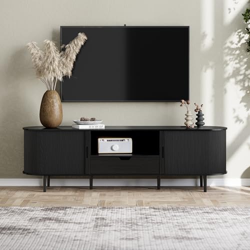 Image of DHH 71 inch Fluted TV Stand with Power Outlet for TVs up to 80 inch, TV Console with Adjustable Shelves and Sliding Door,Mid Century Modern Entertainment Center for Living Room,Bedroom(Black)