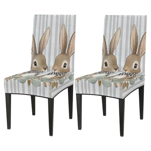Mexpekil Juego de 2 fundas elásticas para sillas de comedor, diseño rústico de conejitos con hojas de eucalipto, fundas elásticas lavables para sillas, protector para derrames, mascotas, manchas