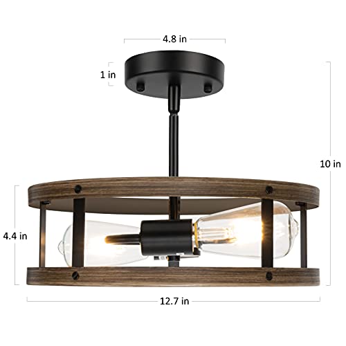 Farmhouse Semi Flush Mount Ceiling Light Fixture, 2-Light Industrial Metal Cage Ceiling Lamp, Vintage Close to Ceiling Lighting, Wood and Matte Black Finish - Thumbnail 3