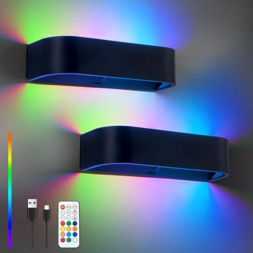 SURPALIG 2 Stück Wandleuchte Ohne Stromanschluss, Wandleuchte mit Bewegungsmelder, Akku Wandlampe Innen mit 6000mAh, RGB 16 Farben, dimmbar mit Fernbedienung, für Zimmerdekoration und Gaming-Dekor