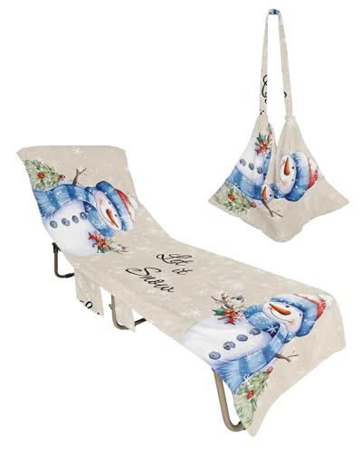 Christmas Snowman Beach Lounge Chair Towel Cover, Soft Chaise Lounge Towel with Side Pockets Patio Pool Chairs Cover for Beach/Pool Sunbathing 29x85 Xmas Birds Winter Snowflake Rustic Burlap