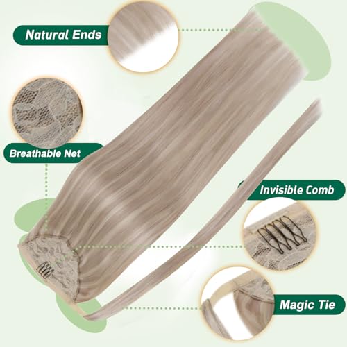 Image of Easyouth Pony Tails Human Hair Dark Blonde Mixed Bleach Blonde Ponytail Extensions - 14Inch 70g Invisible Wrap Around Ponytail Extension